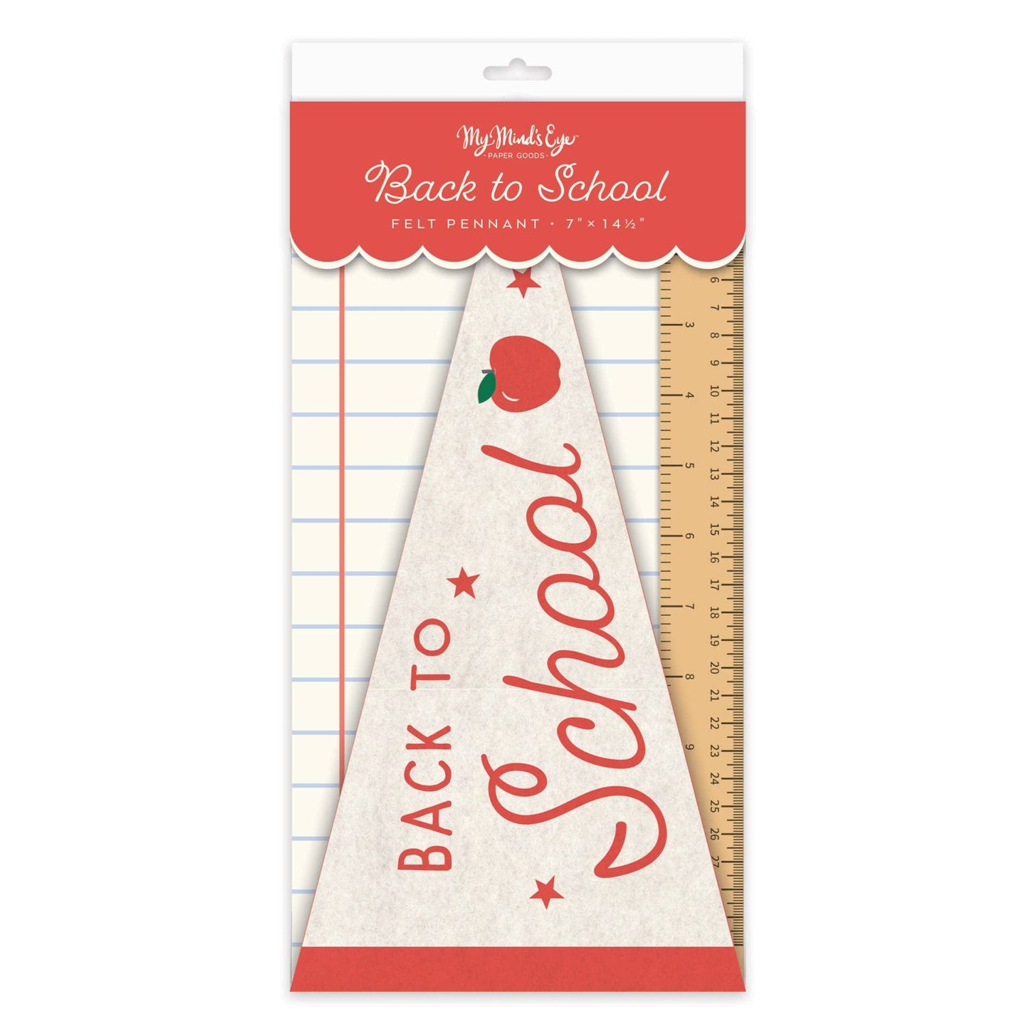 Packaged 'Back to School' felt pennant with apple and stars design on a white background.