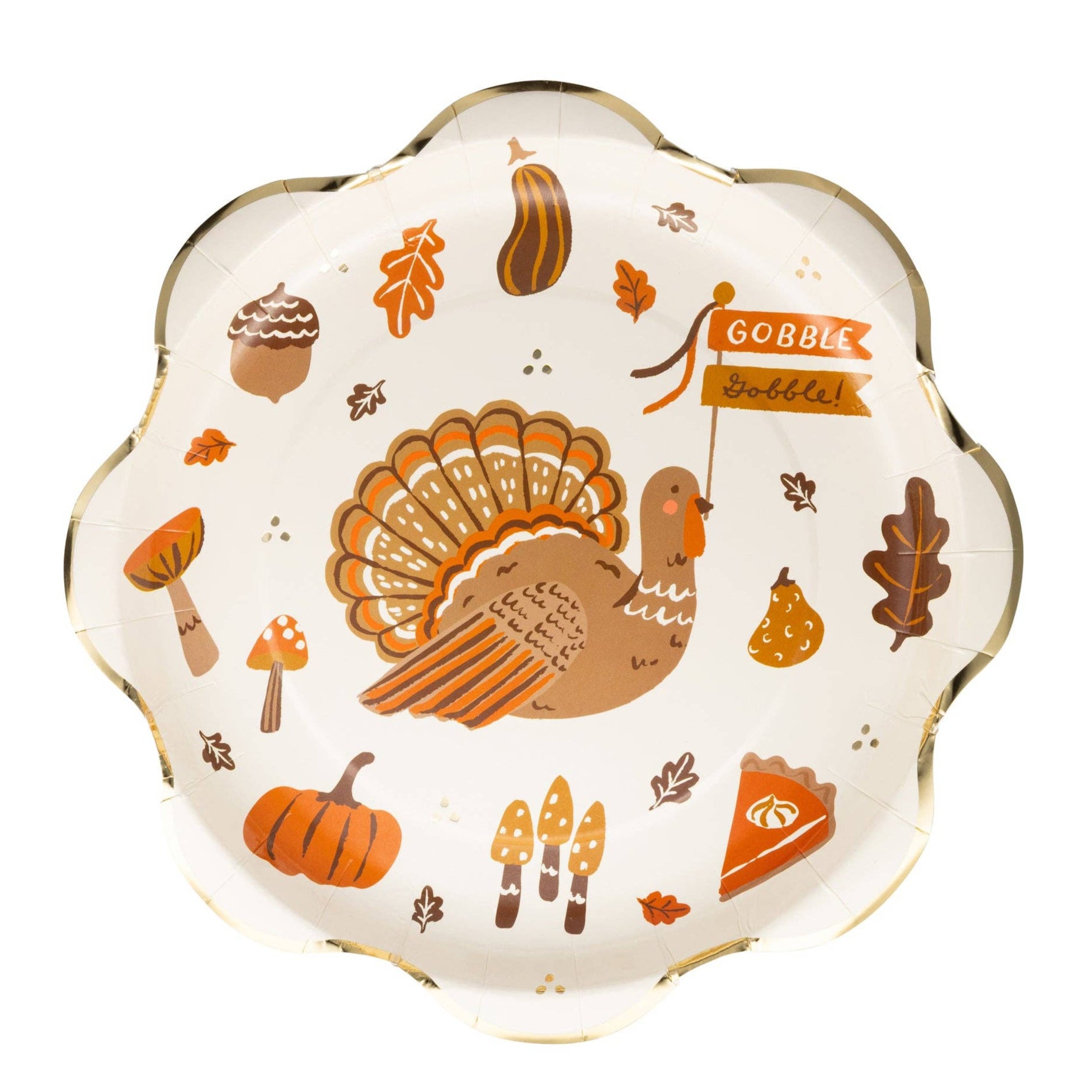 Decorative plate with Thanksgiving-themed illustrations on a white background