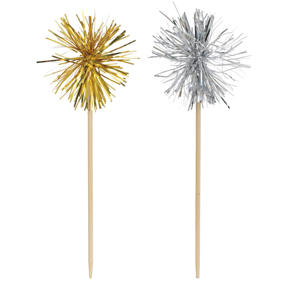 Assorted Gold & Silver Tinsel Pom Pom Bamboo Drink Stirrers 8ct