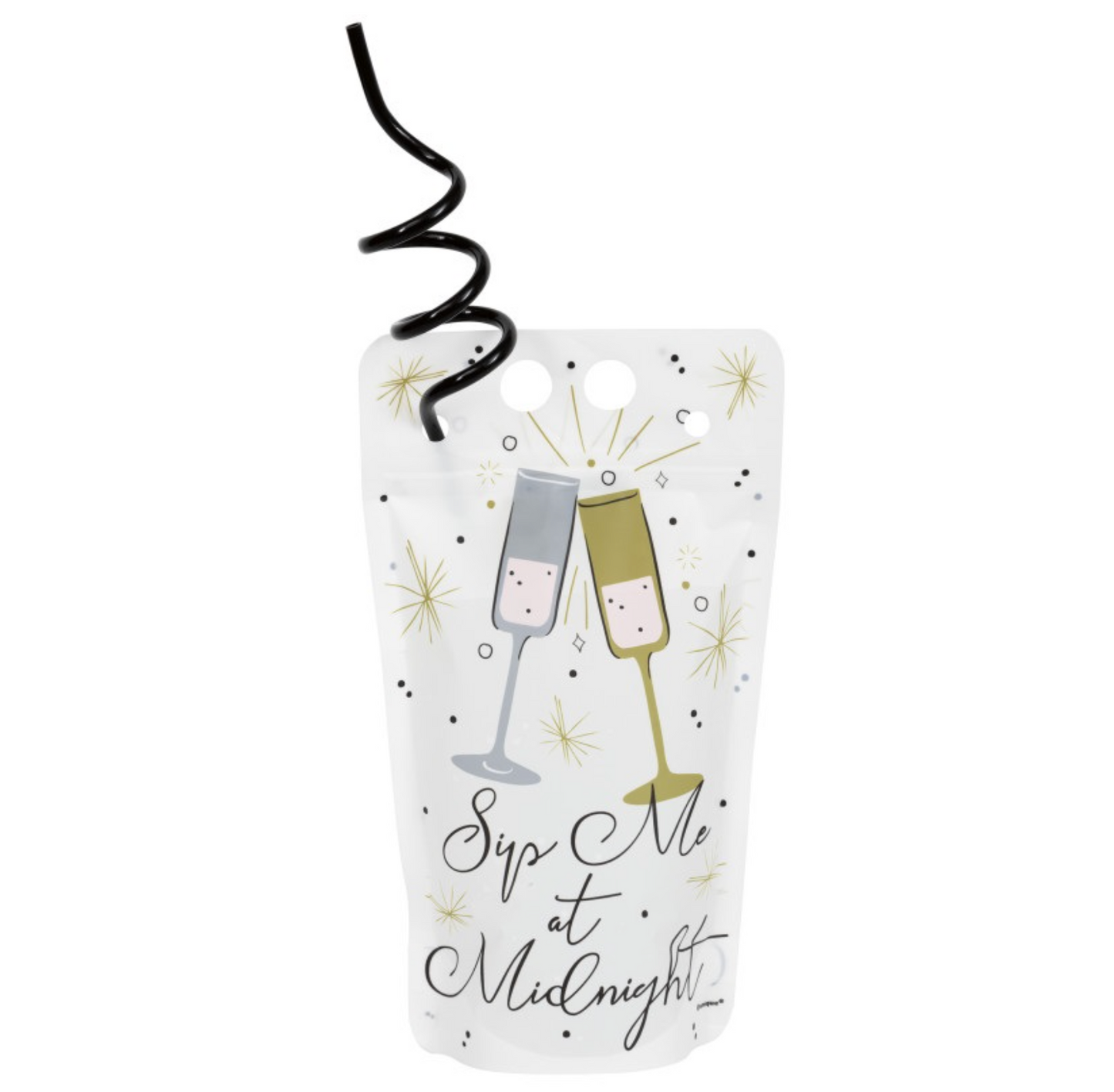 Toasting New Years Sip Me at Midnight 18oz Drink Pouches with Spiral-Shaped Straw 4ct