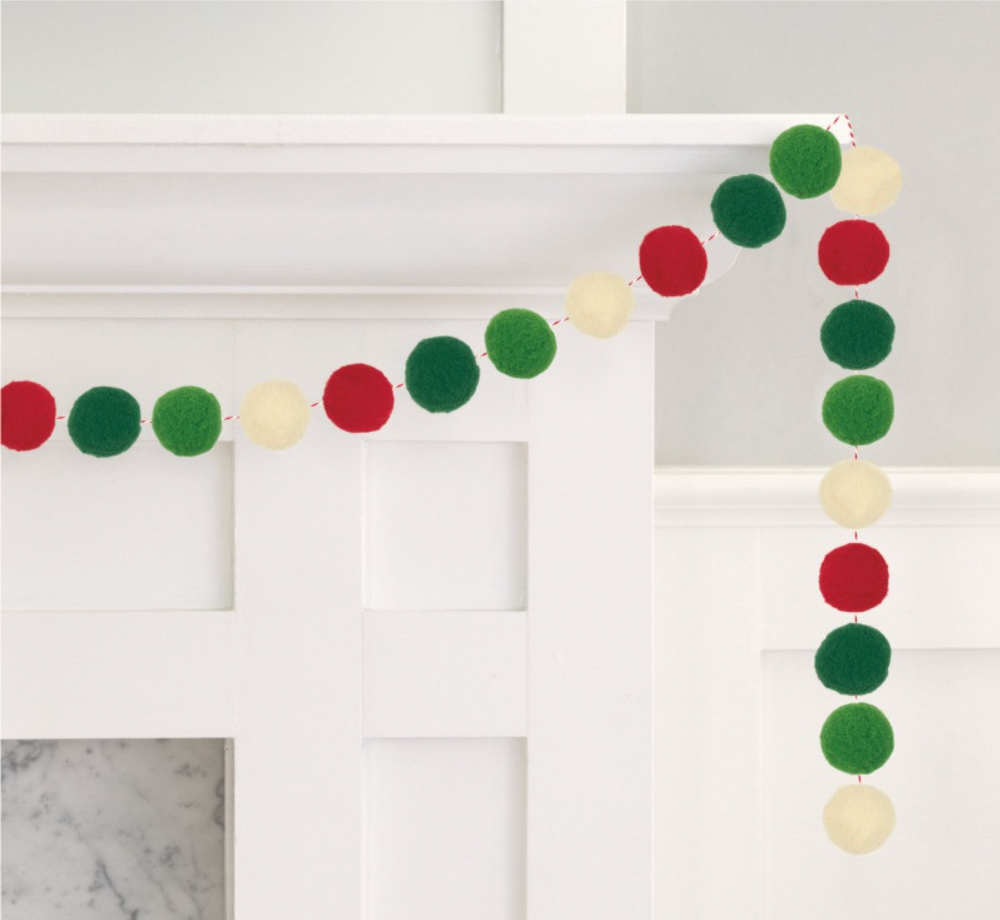 Red Green & Cream Christmas Felt Pom Pom Garland 7 ft