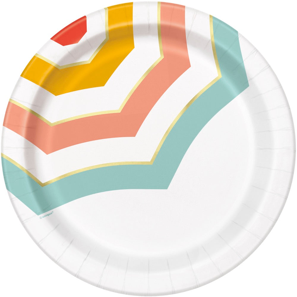 Poolside Summer Umbrella Round 9in Dinner Plates 8ct - Foil Stamping