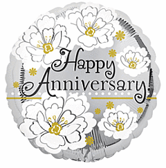 Happy Anniversary Silver Flowers 18in Mylar Balloon