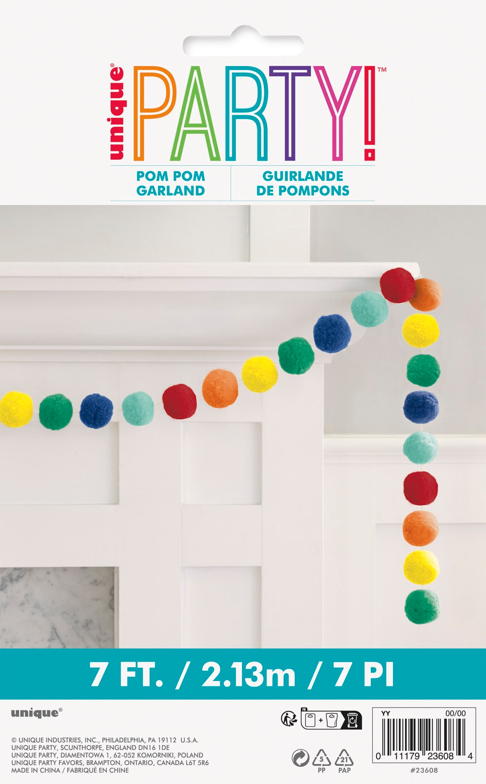 Rainbow Felt Pom Pom Garland 7ft