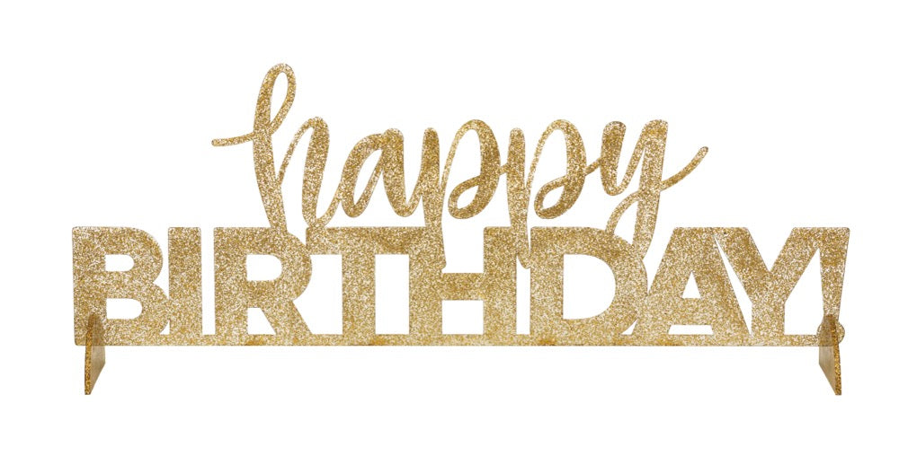 Gold Foil Flecked Happy Birthday Clear Acrylic Centerpiece