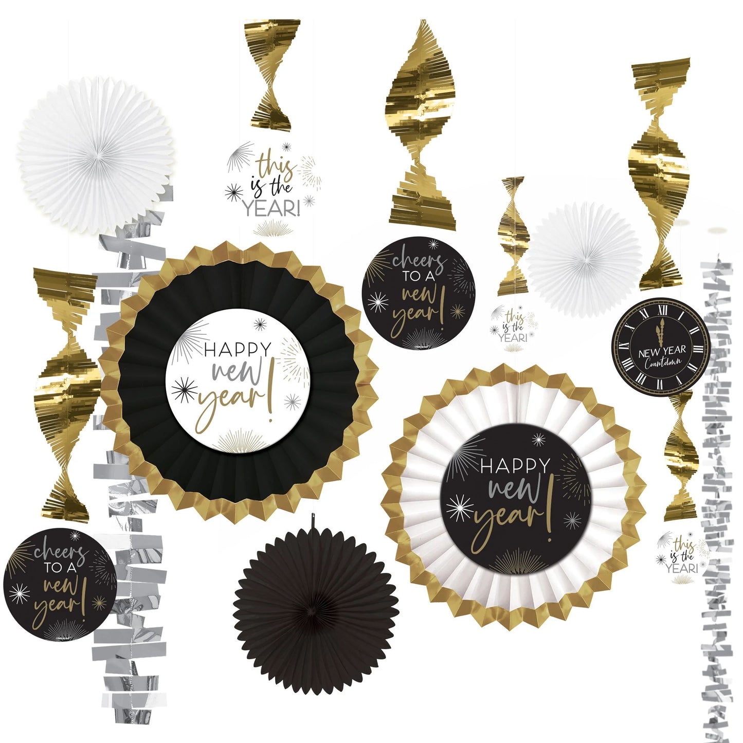 New Years Paper and Foil Decorating Kit - Black, Silver, Gold 13ct