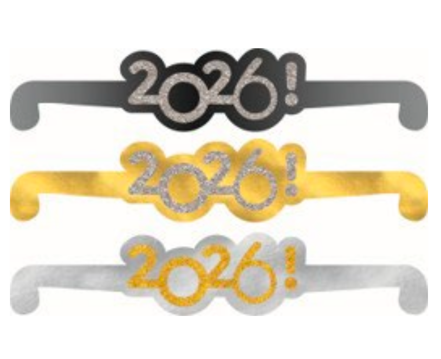 2026 New Years Glitter Glasses - Black, Silver, Gold 8ct