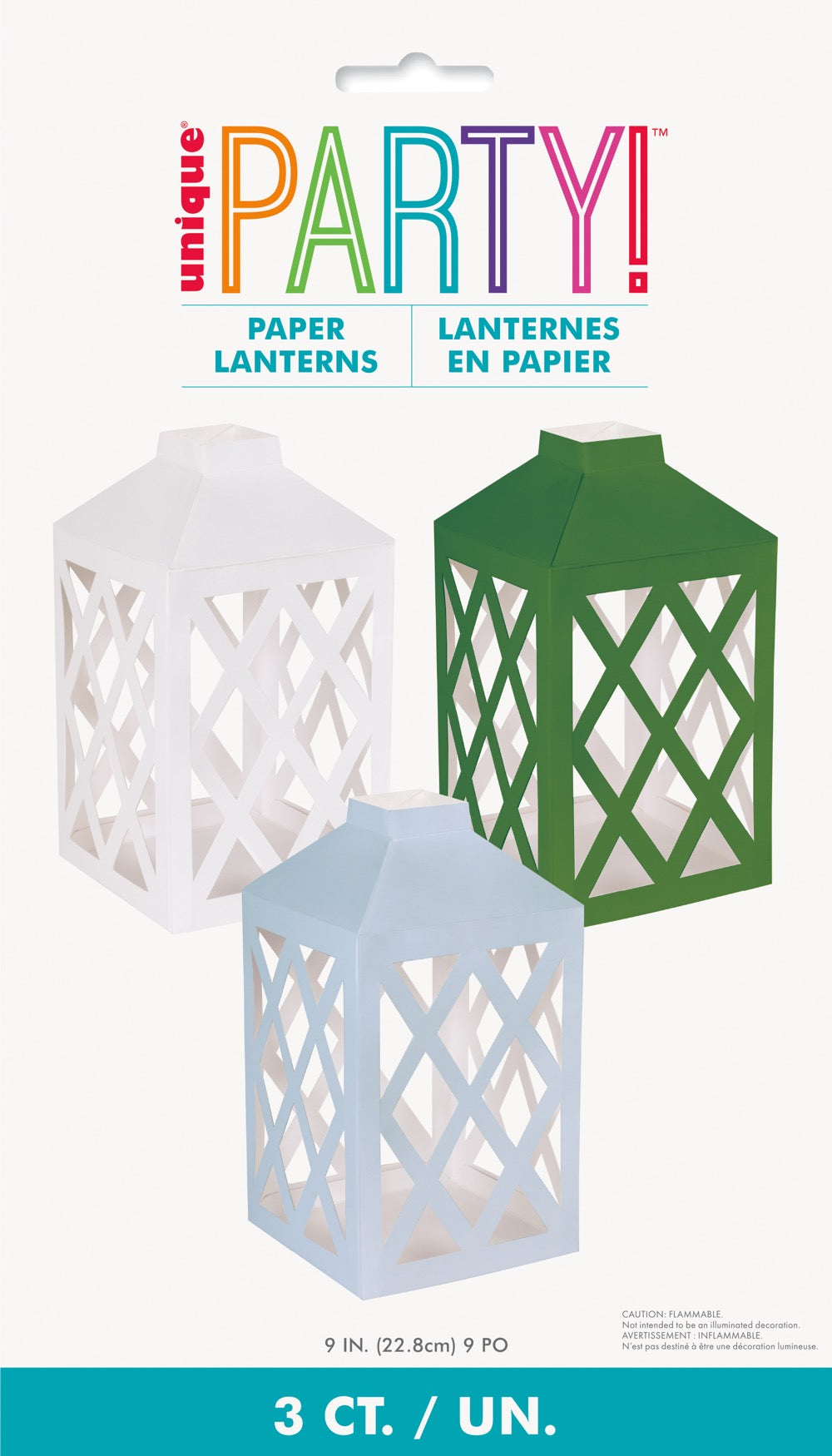 Garden Party Light Blue Dark Green & White Paper Lanterns 3pc