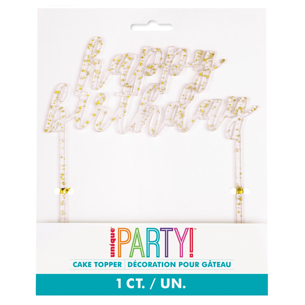 Happy Birthday Clear with Gold Foil Flecks Acrylic Cake Topper