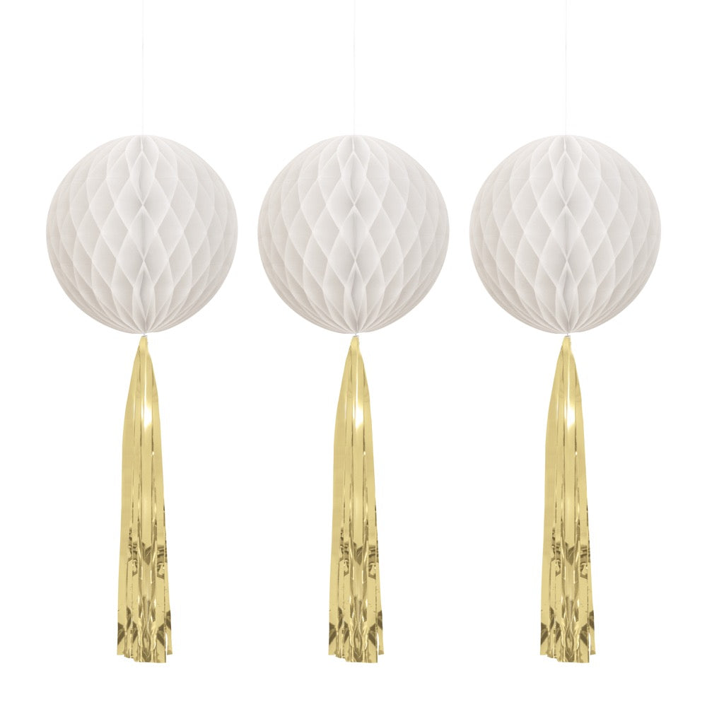 White Honeycomb Balls with Gold Foil Tassels 3ct