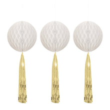 White Honeycomb Balls with Gold Foil Tassels 3ct