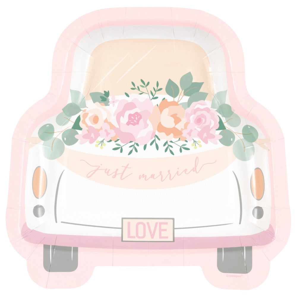 Pink Blooms Just Married Car-Shaped 8.25in Plates 8ct