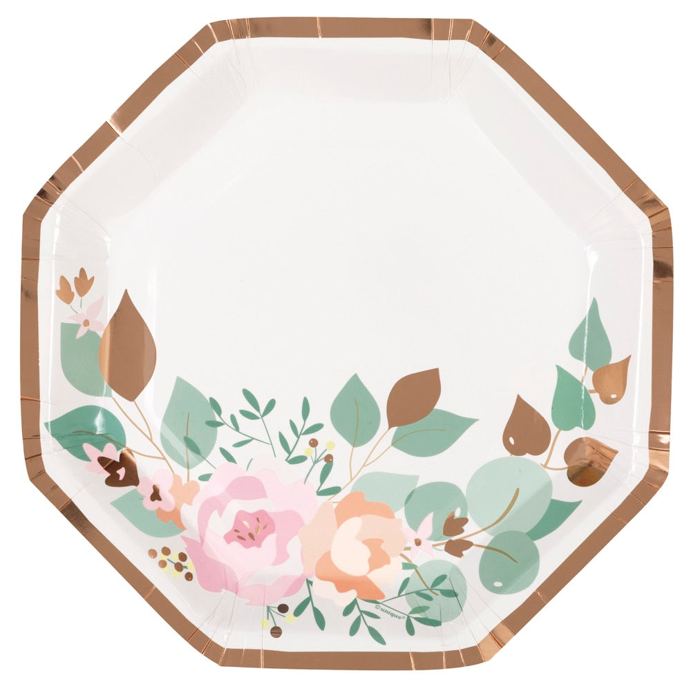 Pink Blooms Octagon Shaped 9.25in Plates 8ct - Foil Stamping