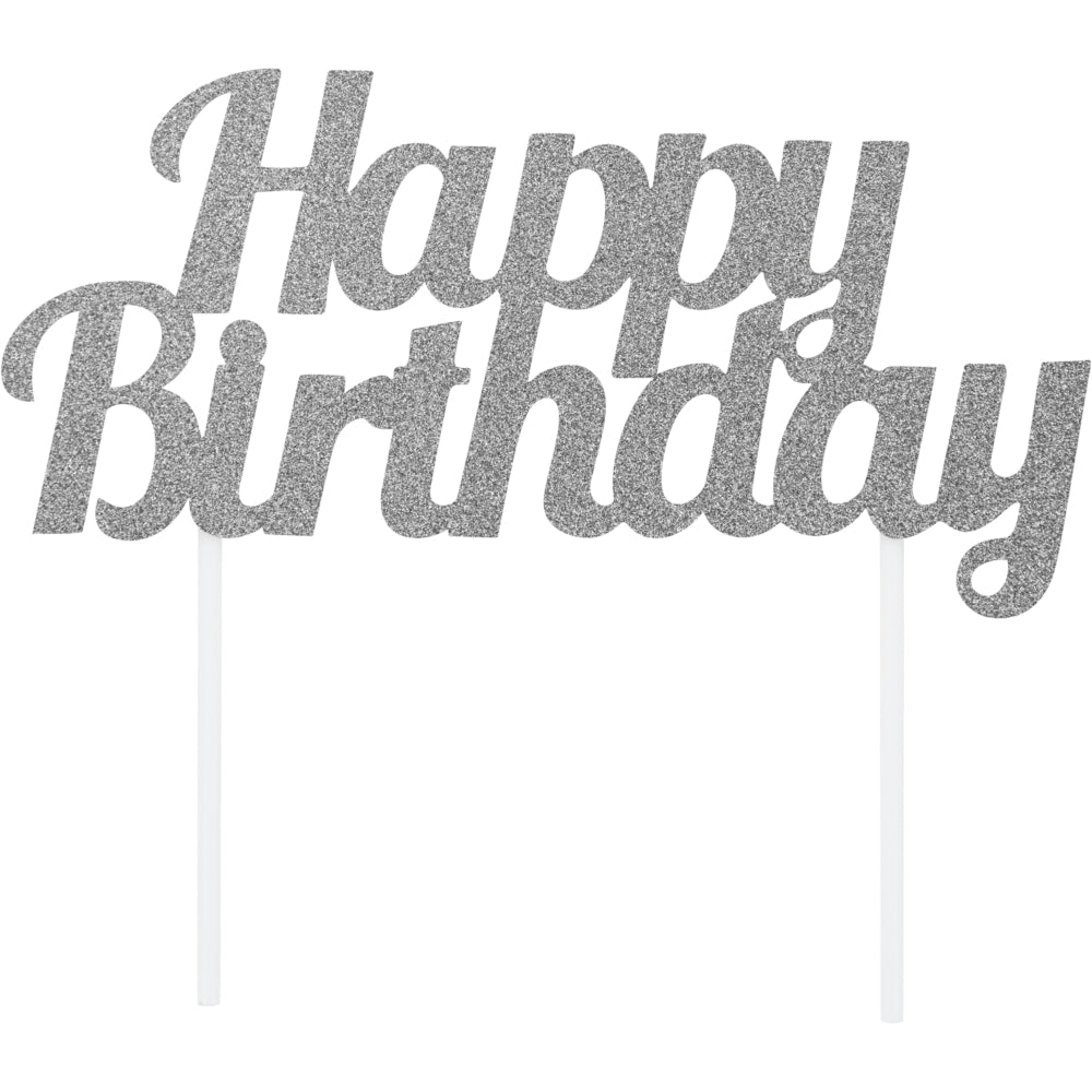 Silver Glitter Happy Birthday Cake Topper