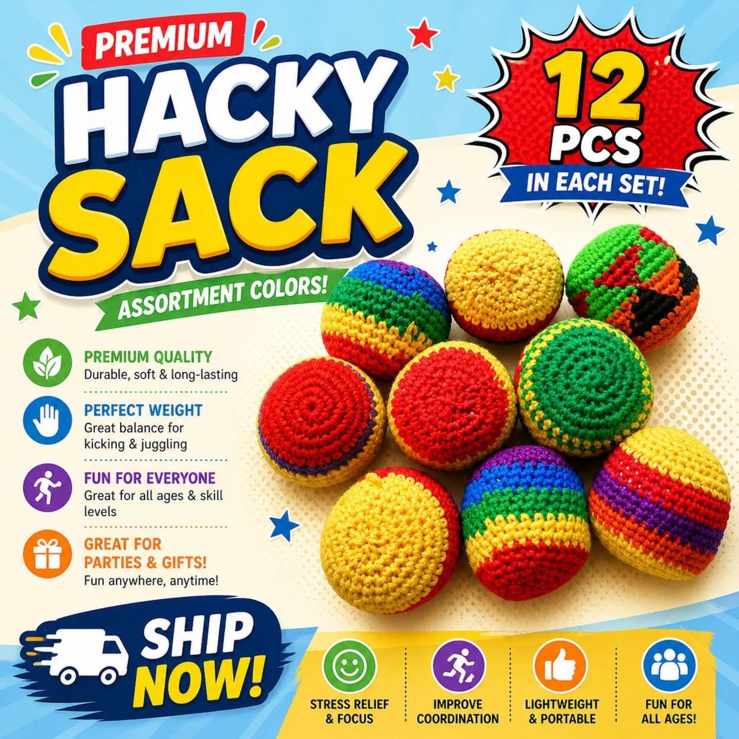 Premium Hacky Sack – Crochet Footbag 1pc Assorted