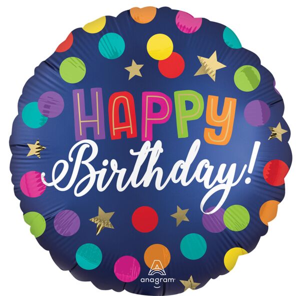 #043-B Satin Happy Birthday Blue Confetti 18in Balloon
