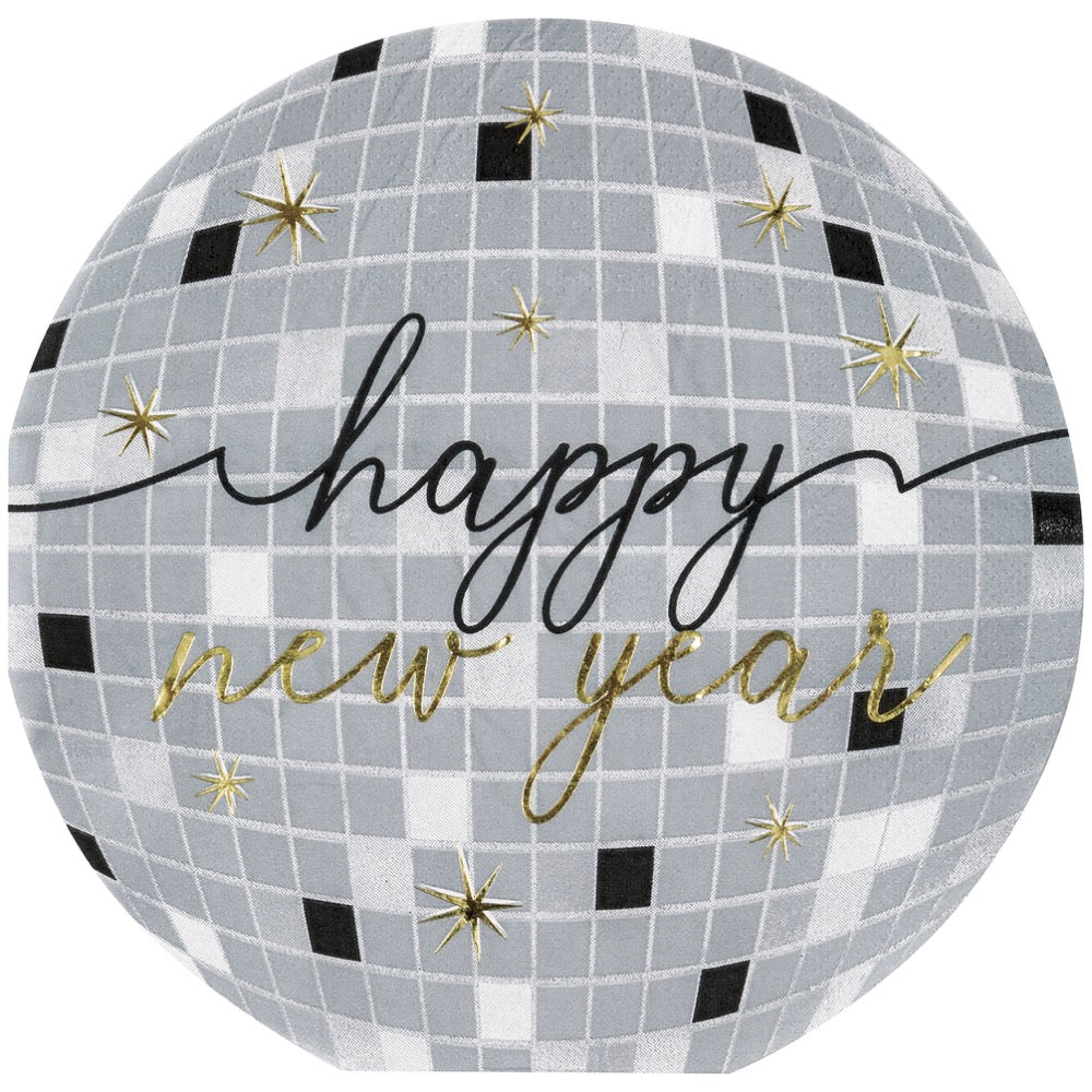 Disco New Year Happy New Year Ball Shaped Foil Lunch Napkins 16ct