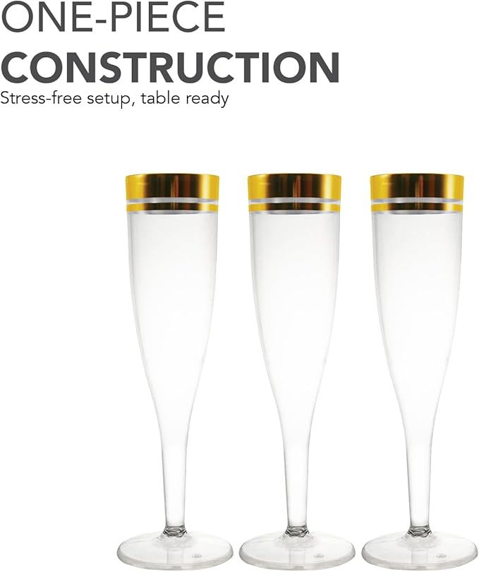 5oz Champagne Flutes 1-Piece - Gold Rim 10ct