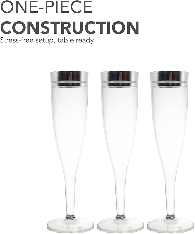 5oz Champagne Flutes 1-Piece - Silver Rim 10ct