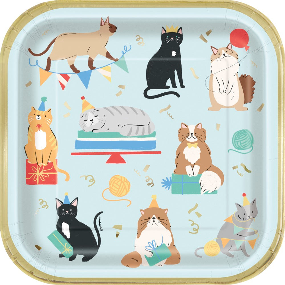 Pawty Animals Cat Square 9in Dinner Plates 8ct - Foil Stamping