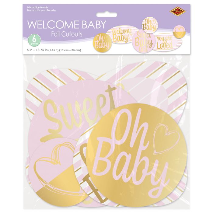 Foil Welcome Baby Cutouts Pink & Gold 6ct