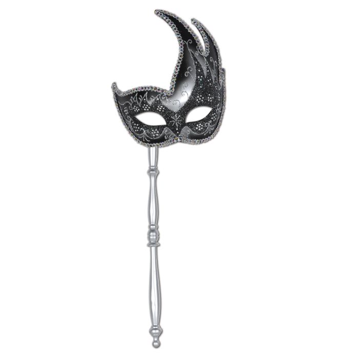 Glittered Mask w/Stick - Silver