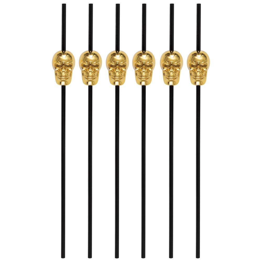 Gold Skull Adorned Reusable Plastic Drinking Straws 6ct
