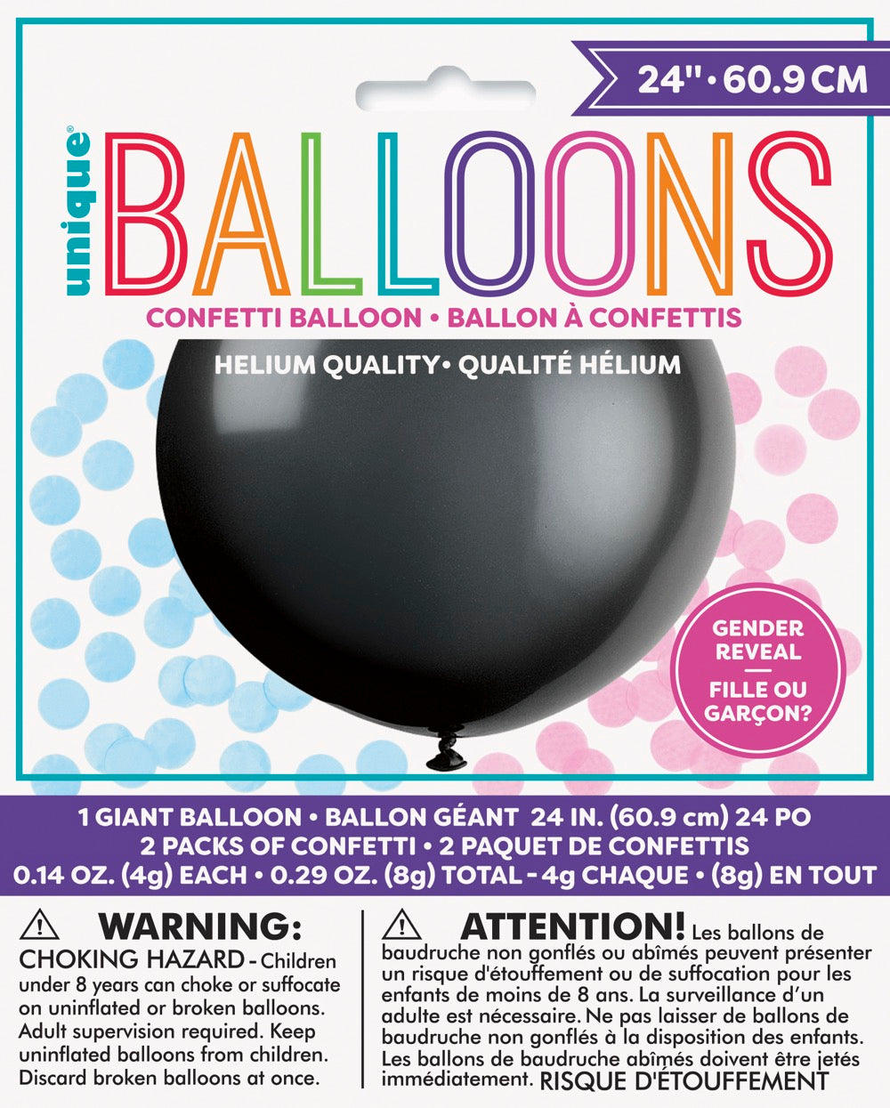 Black Giant Gender Reveal Latex Balloon with Confetti 24in