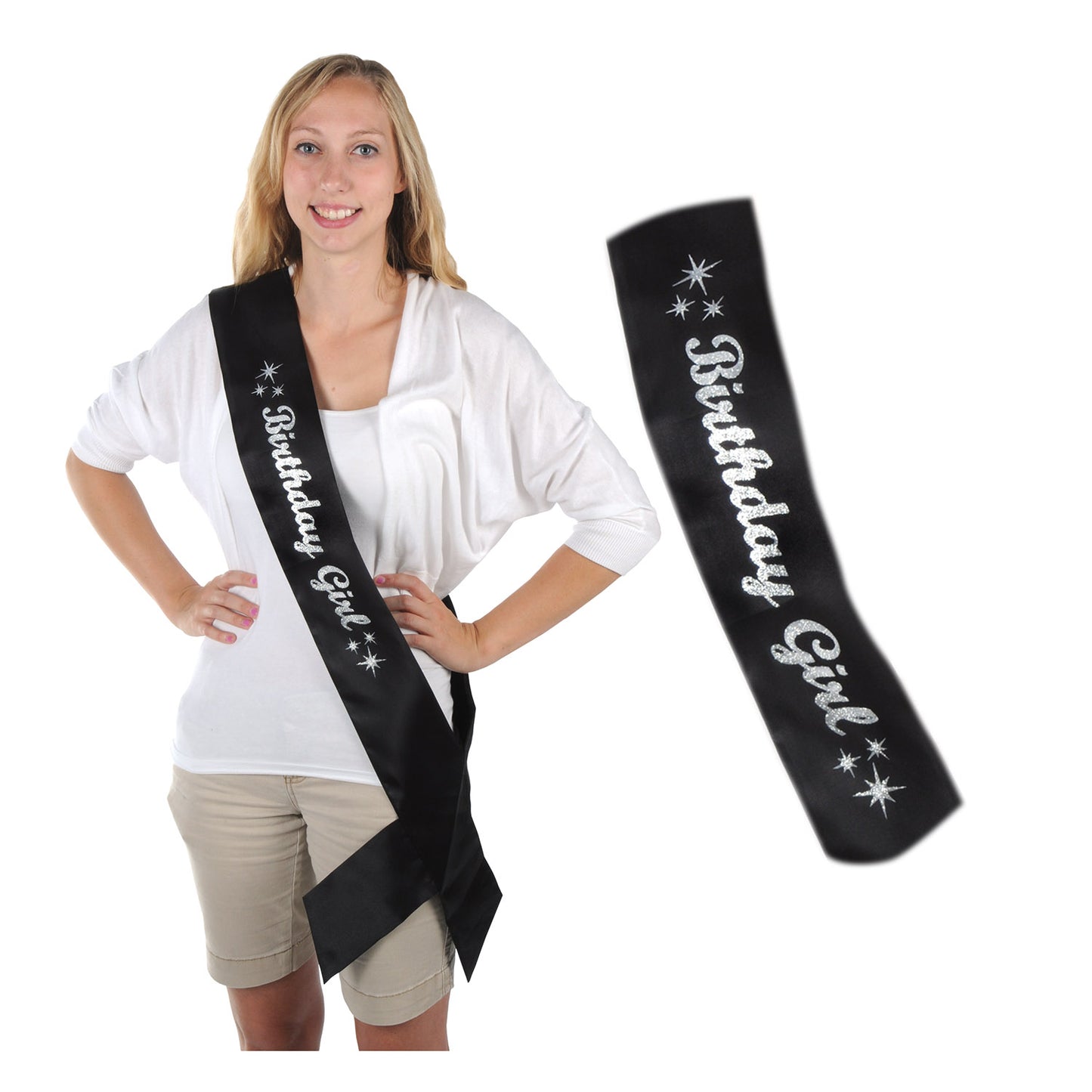 Glittered Birthday Girl Satin Sash Black & Silver