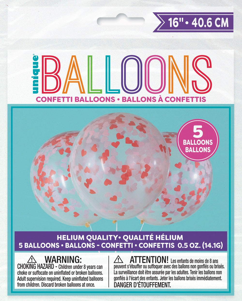 Clear Latex 16in Balloons with Heart-Shaped Confetti 5ct