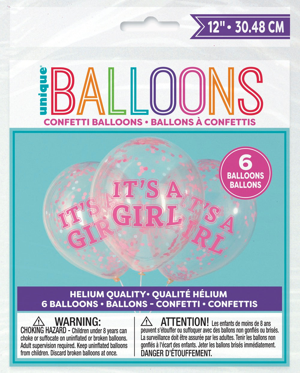 Girl Clear Latex Balloons with Pink Confetti 12in 6ct