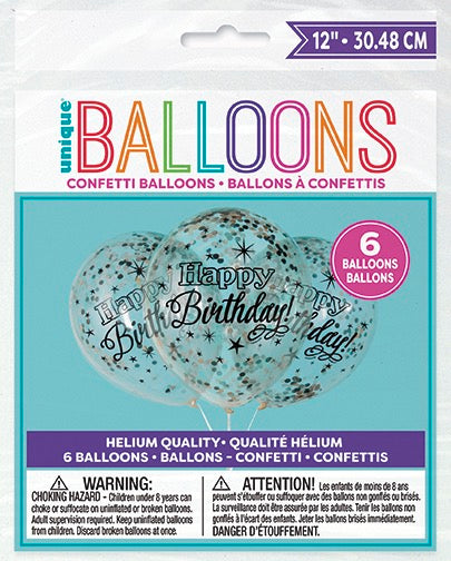 Glittering Birthday Clear Latex Balloons with Confetti 12in 6ct