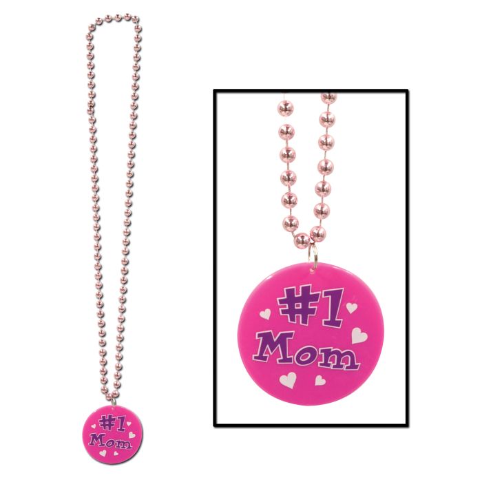 Bead Necklace w/Printed #1 Mom Medallion