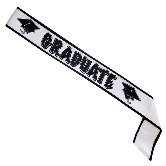 Graduate Satin Sash - White & Black