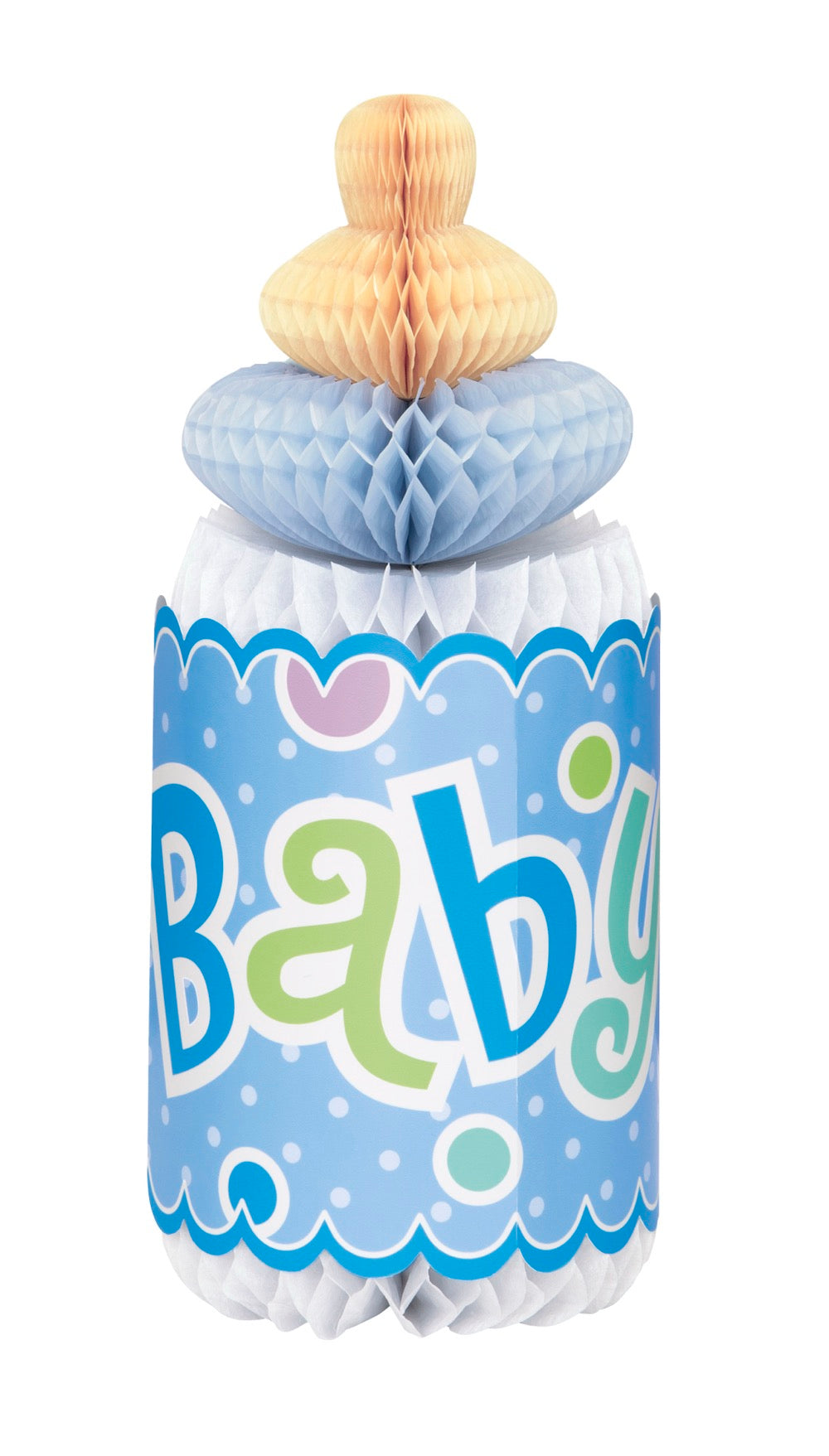 Blue Dots Baby Shower Bottle Shaped Honeycomb Decoration 12in