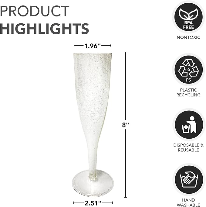 5oz Champagne Flutes 1-Piece - Gold Glitter 24ct