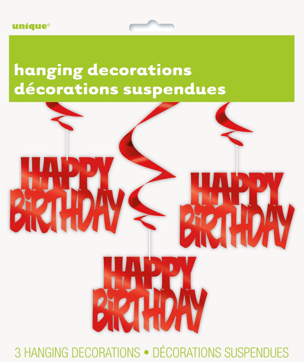 Happy Birthday Red Foil Hanging Swirl Decorations 32in 3ct