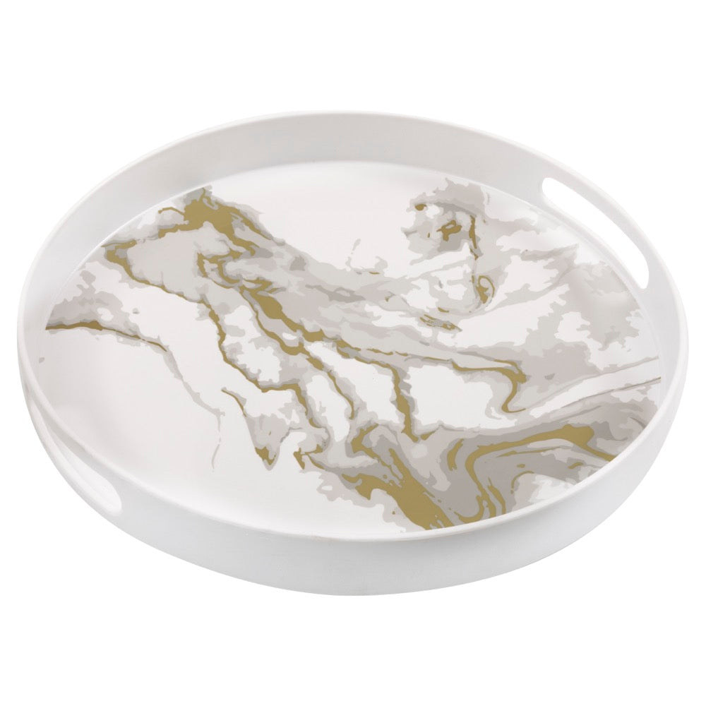 Gold Marbled Round Plastic Serving Tray with Handles