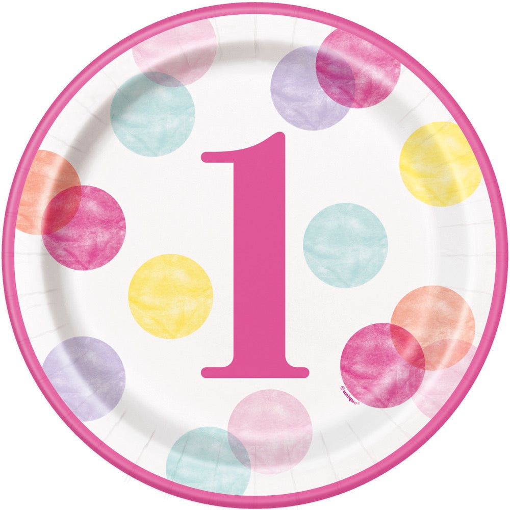 Pink Dots 1st Birthday Round 9in Dinner Plates 8ct
