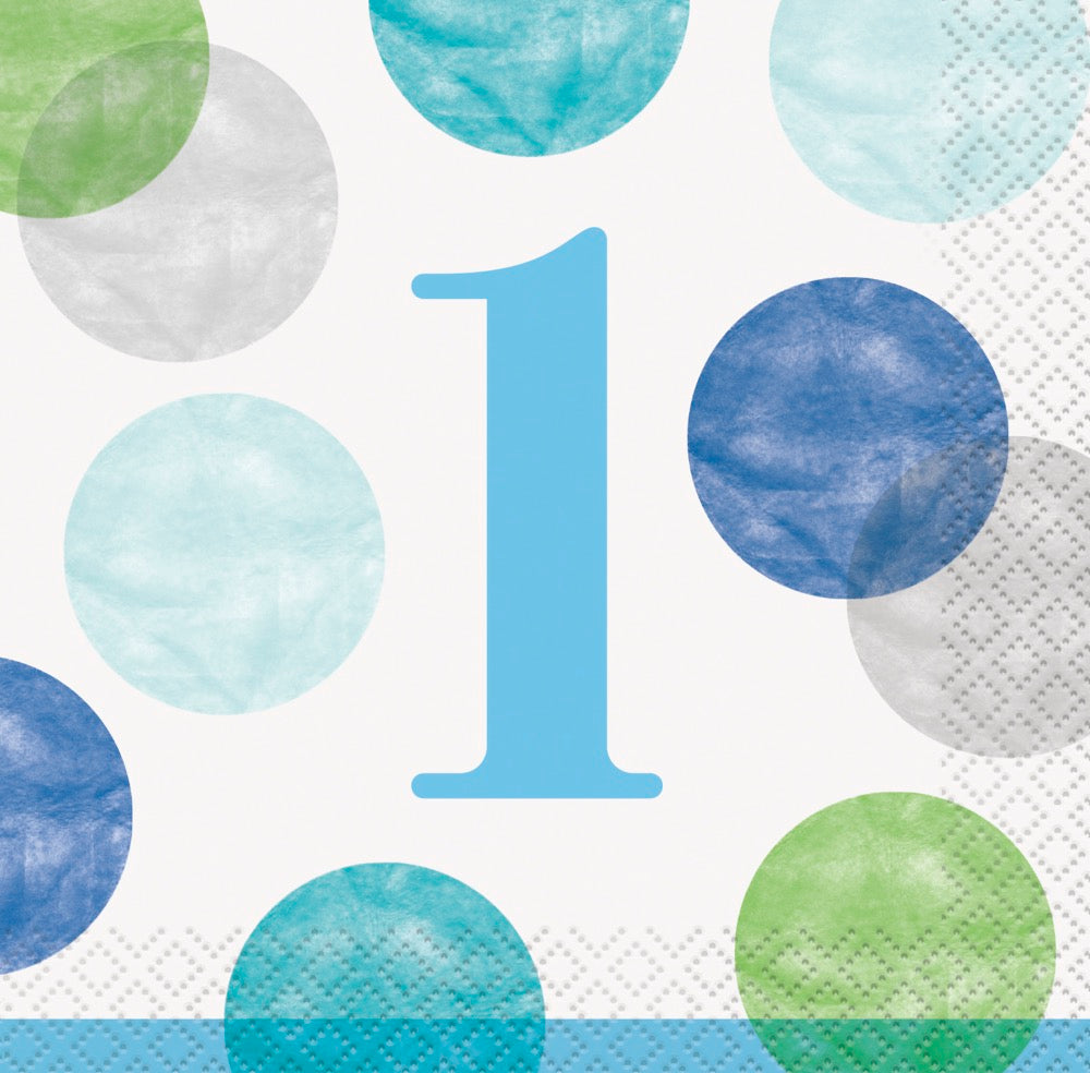 Blue Dots 1st Birthday Beverage Napkins 16ct