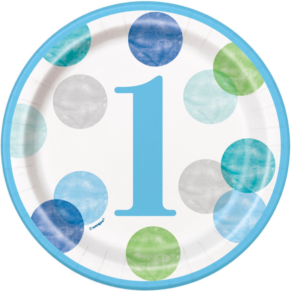 Blue Dots 1st Birthday Round 7in Dessert Plates 8ct