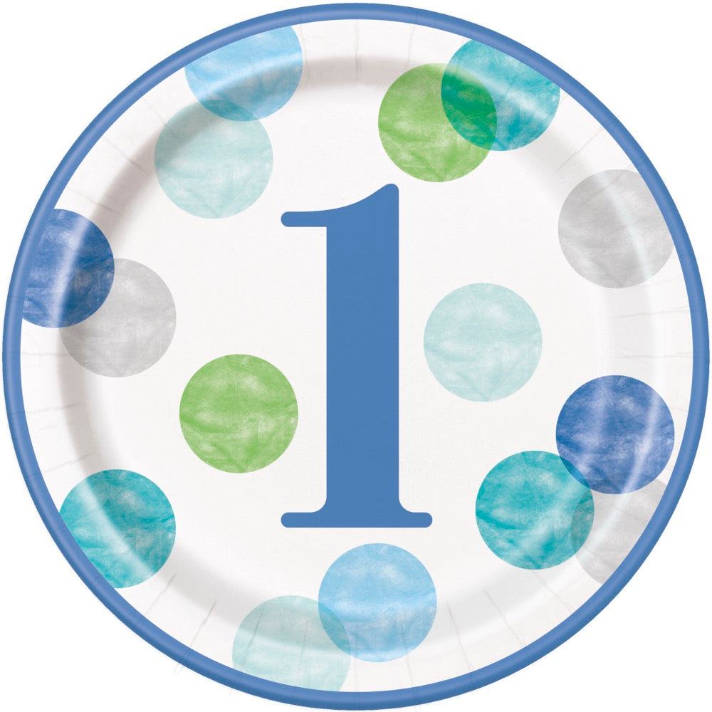 Blue Dots 1st Birthday Round 9in Dinner Plates 8ct