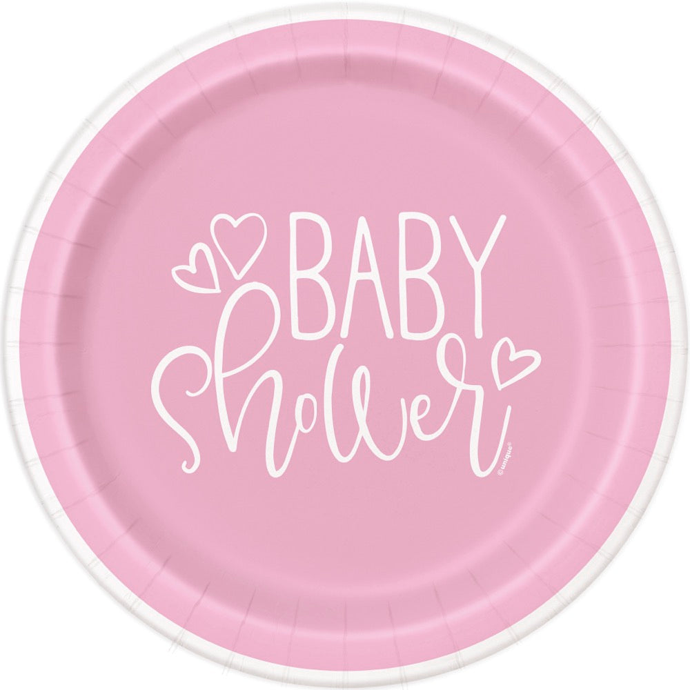 Pink Hearts Baby Shower Round 7in Dessert Plates 8ct