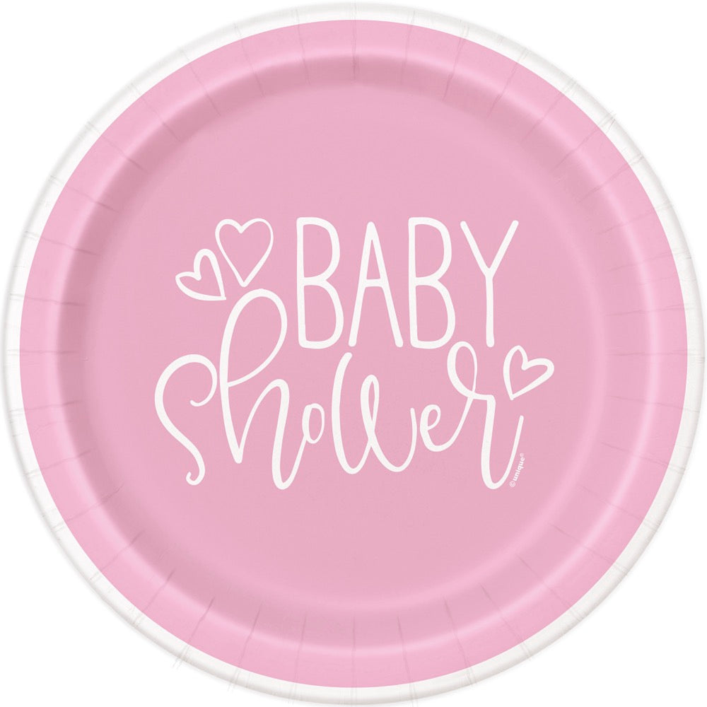 Pink Hearts Baby Shower Round 9in Dinner Plates 8ct