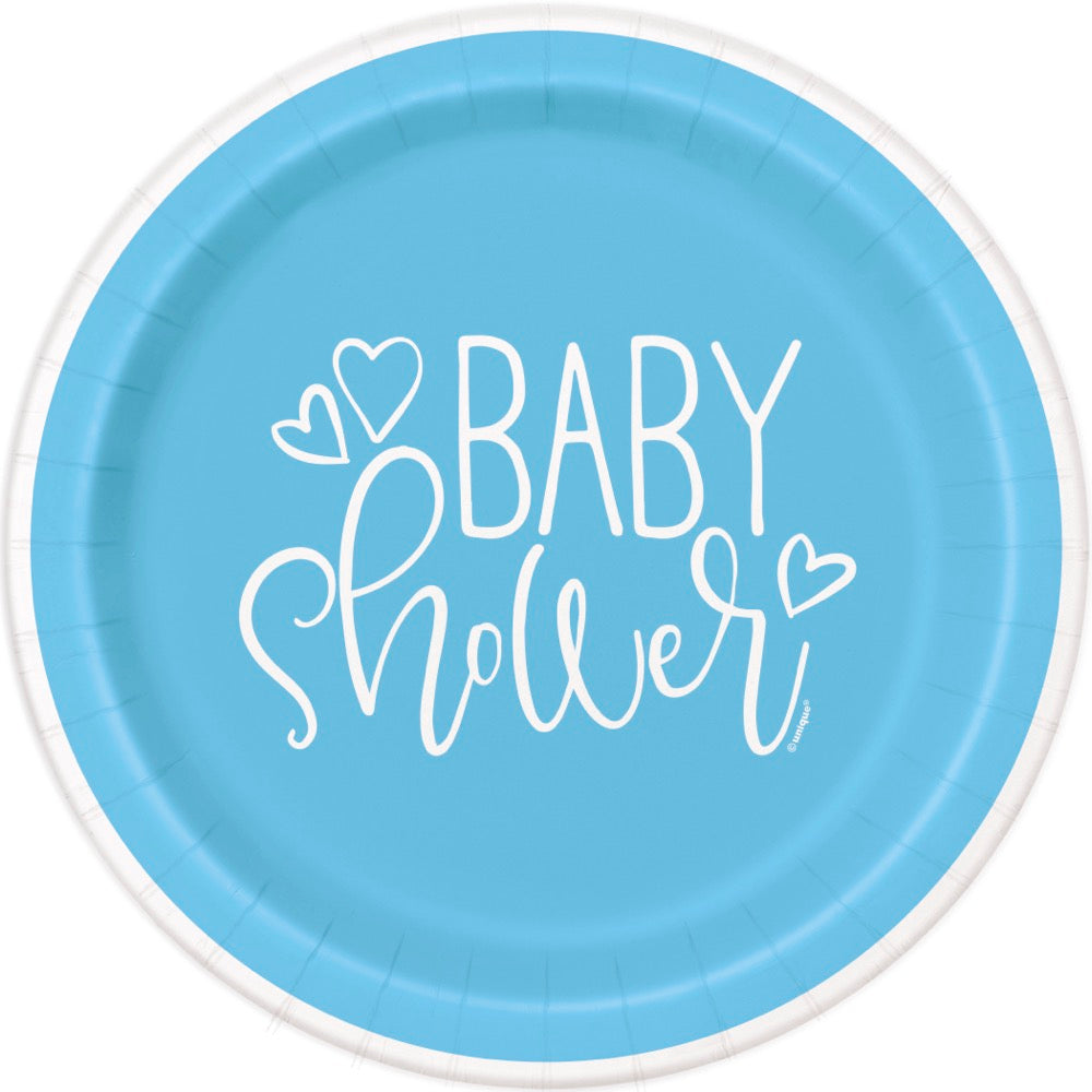 Blue Hearts Baby Shower Round 7in Dessert Plates 8ct