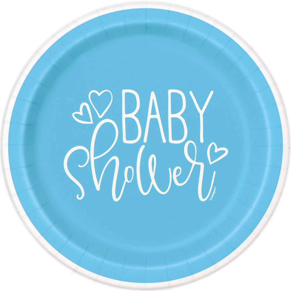 Blue Hearts Baby Shower Round 9in Dinner Plates 8ct