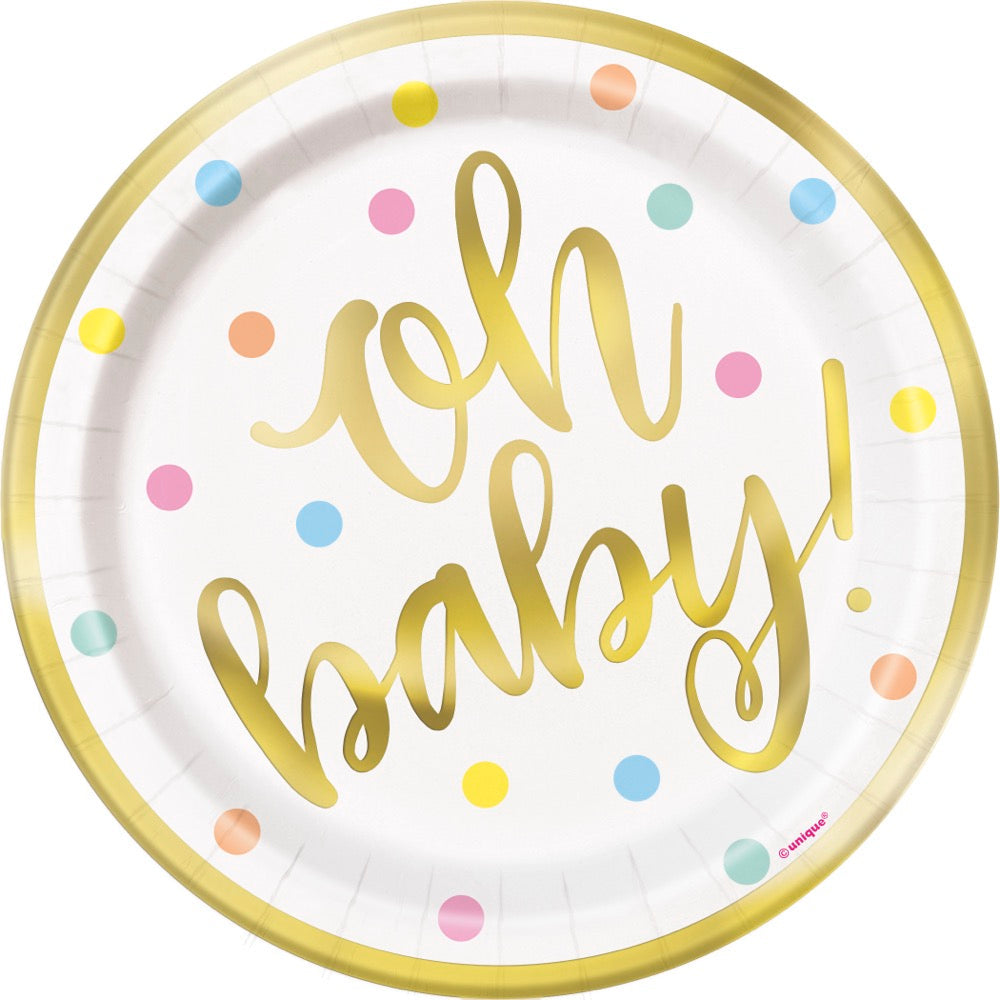 Oh Baby Gold Round 7in Dessert Plates 8ct - Foil Stamping