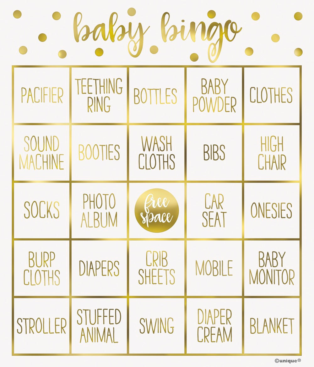 Gold Baby Shower Bingo Kit for 8 - Foil Stamping