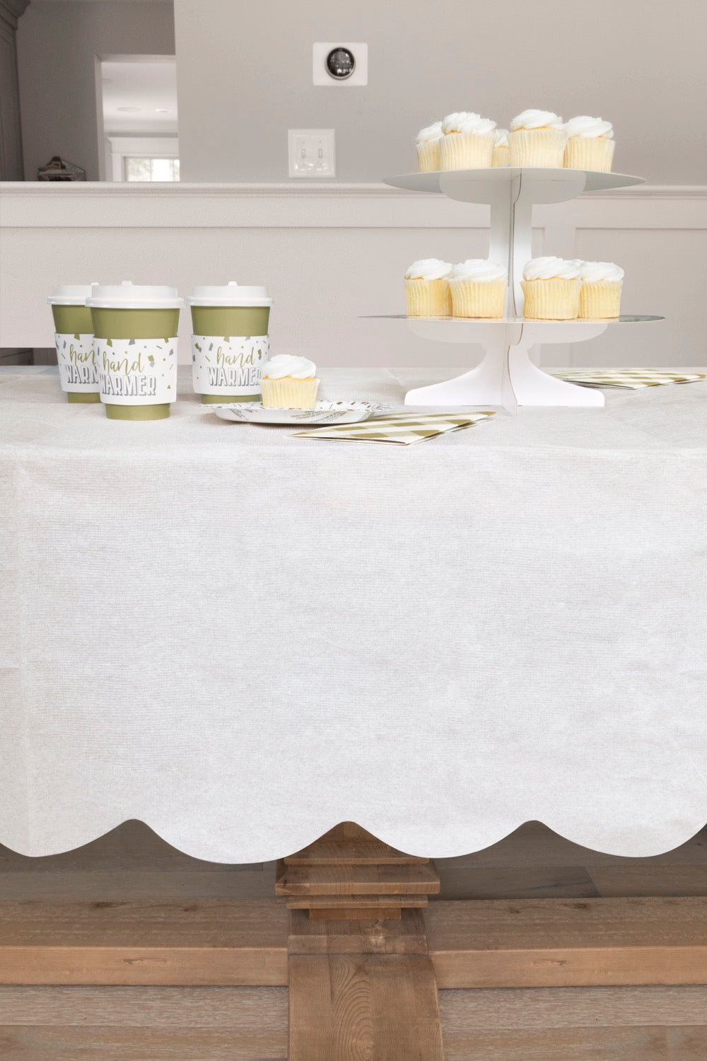 White Scalloped Paper Table Cover 54in x 108in