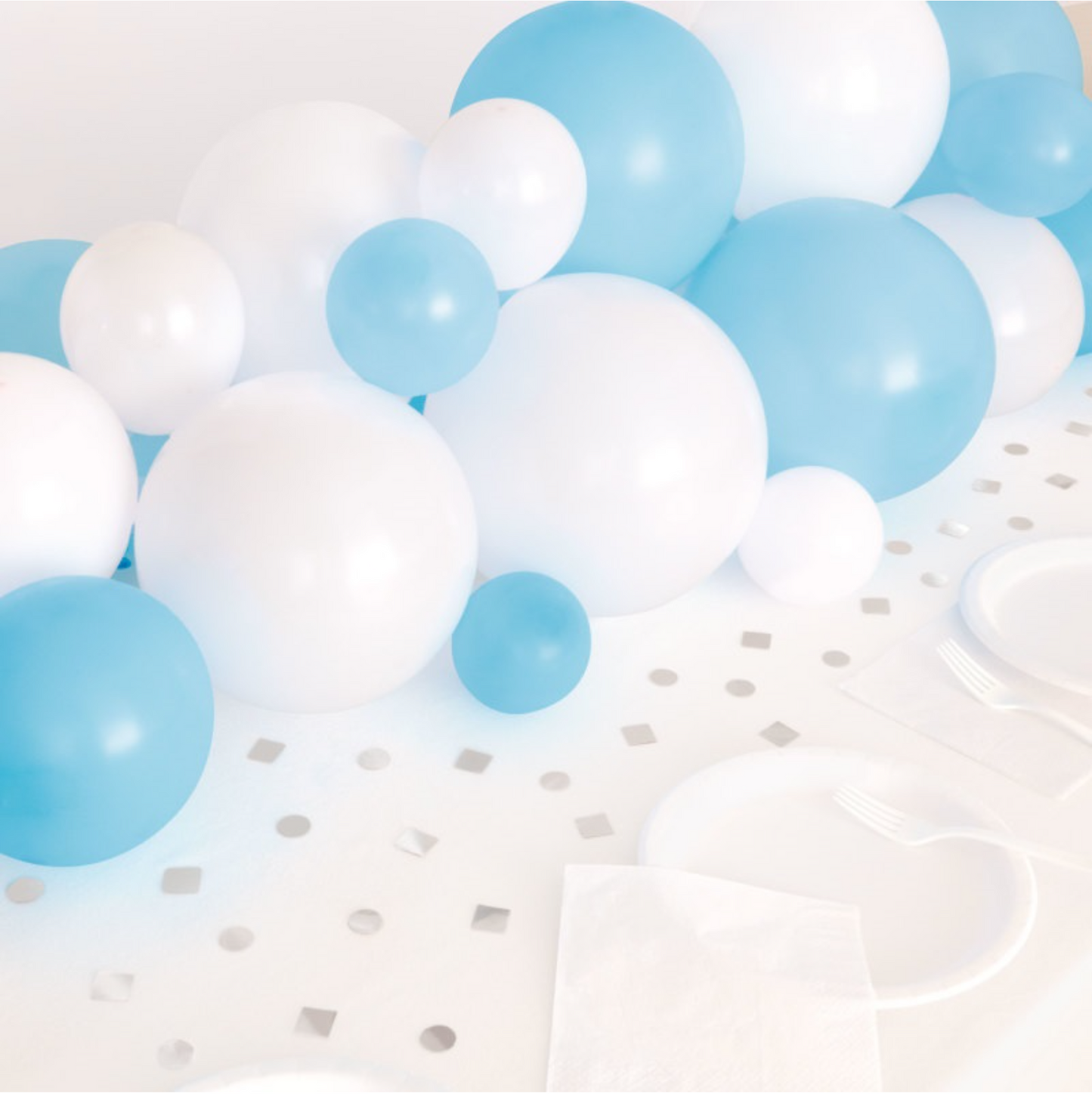 Blue White & Silver Balloon Garland Table Runner with Foil Confetti Cutouts